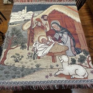 Vtg USA Woven Nativity Tapestry Throw Blanket‎ Mary Joseph Jesus Christmas READ